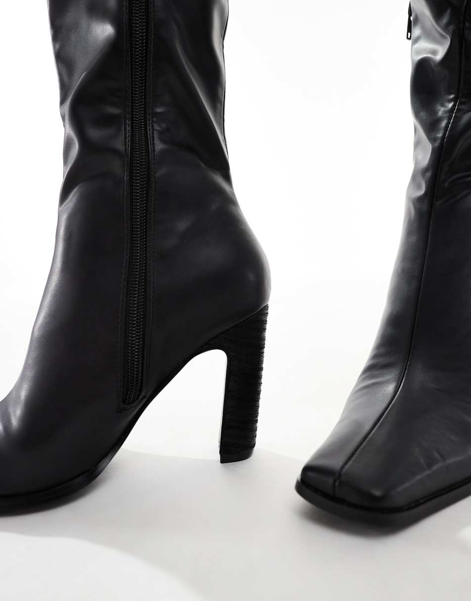 Public Desire AcquillaWide Fit heeled knee boots with square toe in black PU