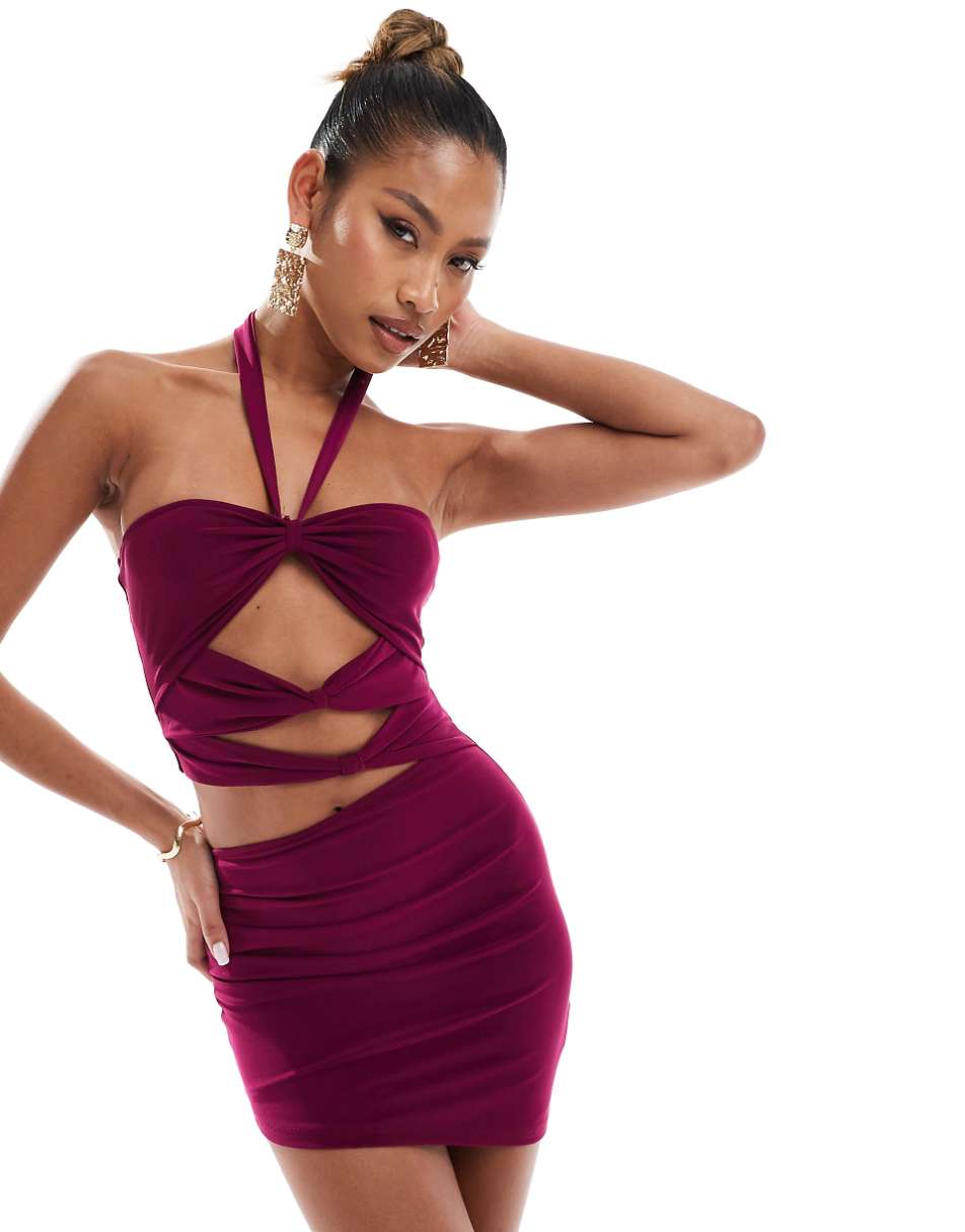 Murci Exclusive mesh cut-out halterneck mini dress in purple