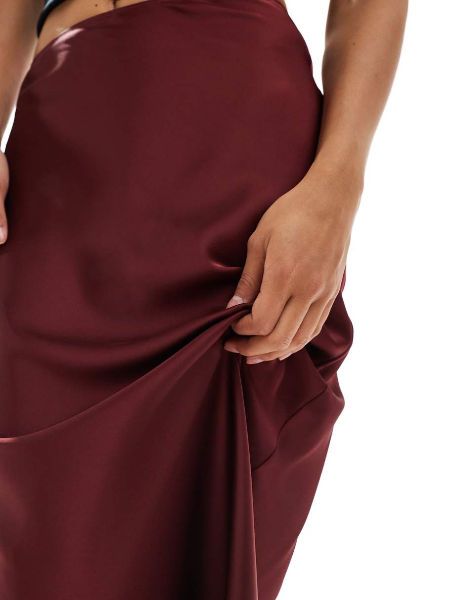 ASOS DESIGN satin bias cut maxi skirt in burgundy