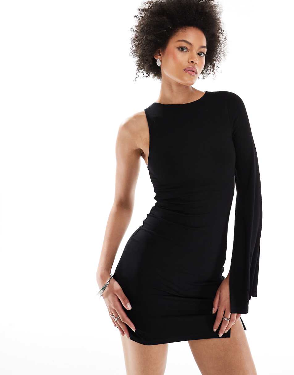 ASOS DESIGN Tall one sleeve tie side mini dress in black