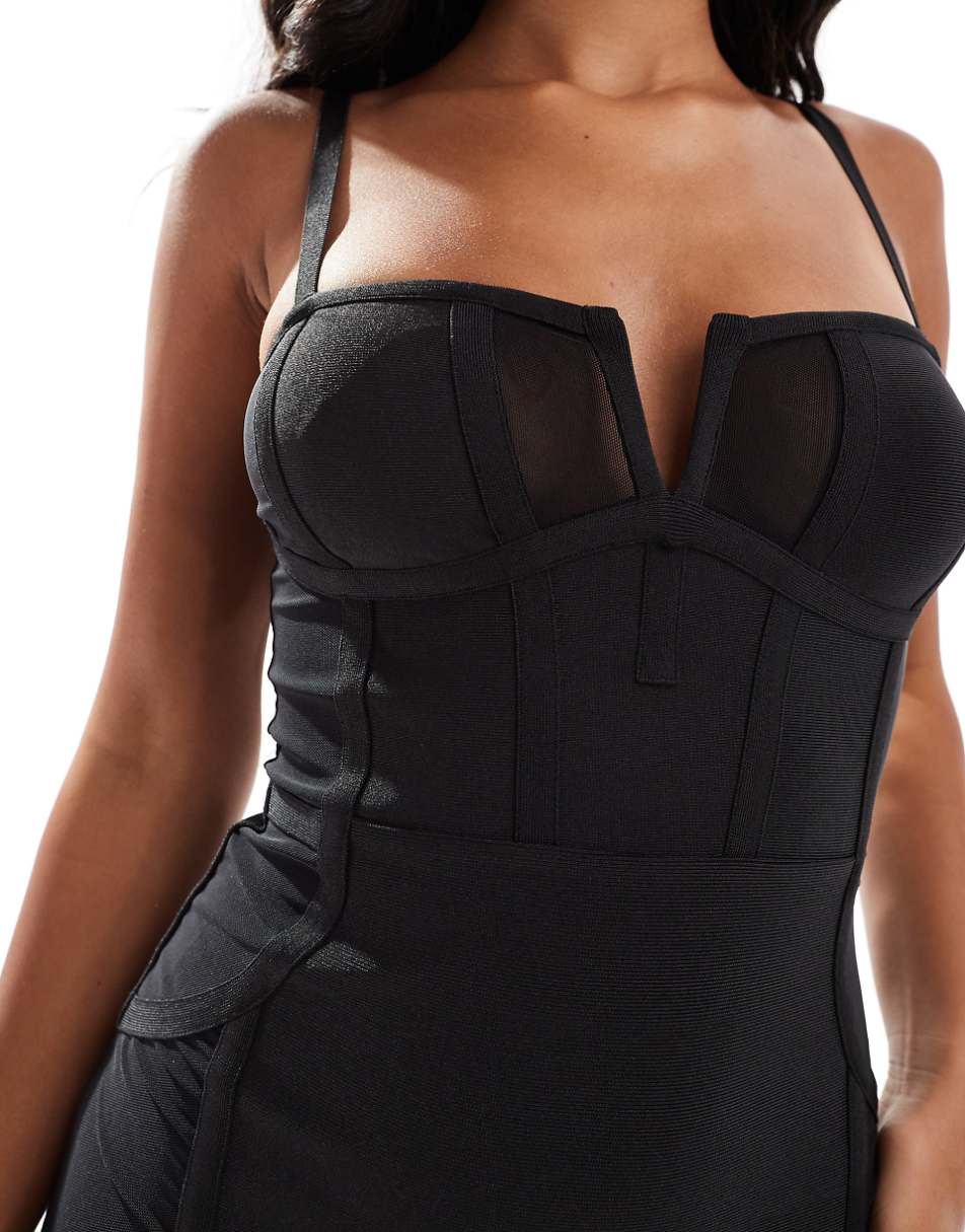 ASOS DESIGN sheer paneled bandage midi dress in black