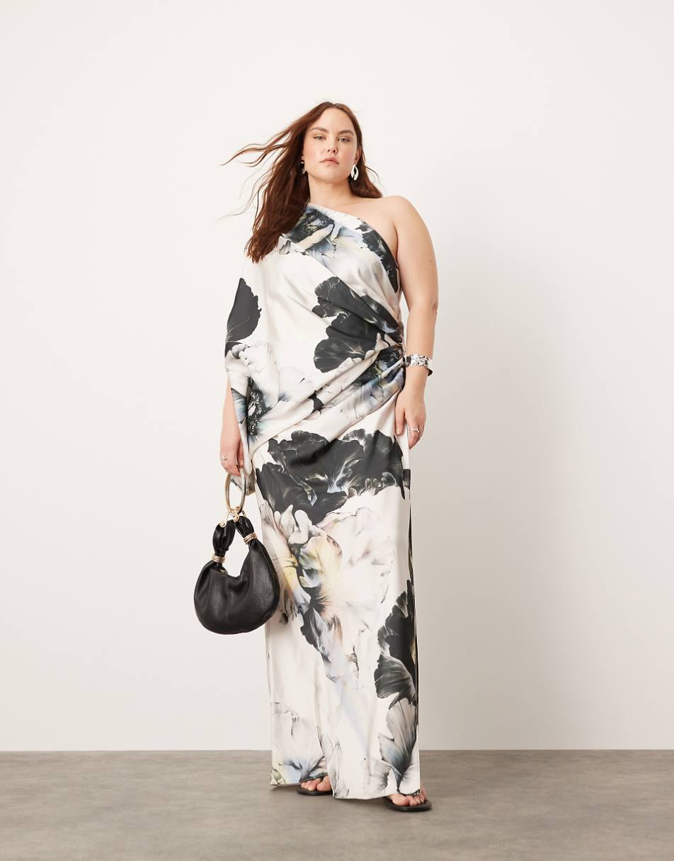 ASOS EDITION Curve satin oversized one sleeve maxi dress in large floral print