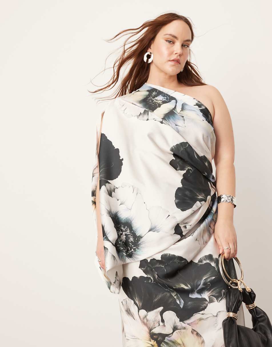 ASOS EDITION Curve satin oversized one sleeve maxi dress in large floral print