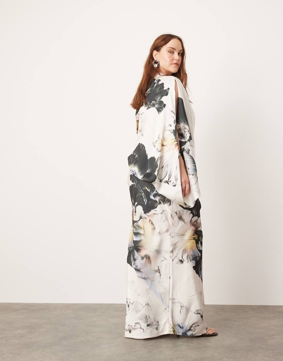 ASOS EDITION Curve satin oversized one sleeve maxi dress in large floral print