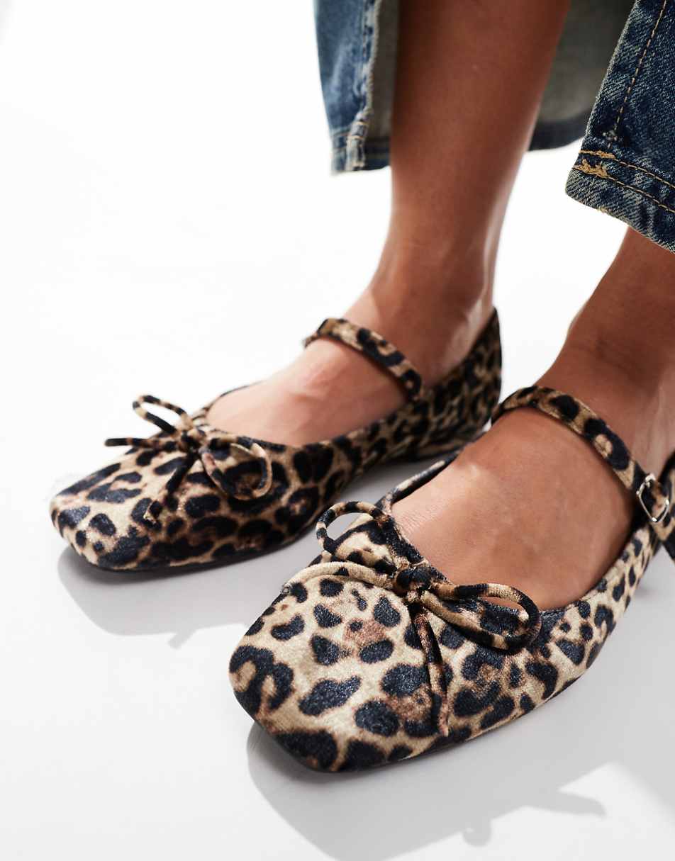 Public Desire Kandi bow ballet flats with straps in leopard velvet