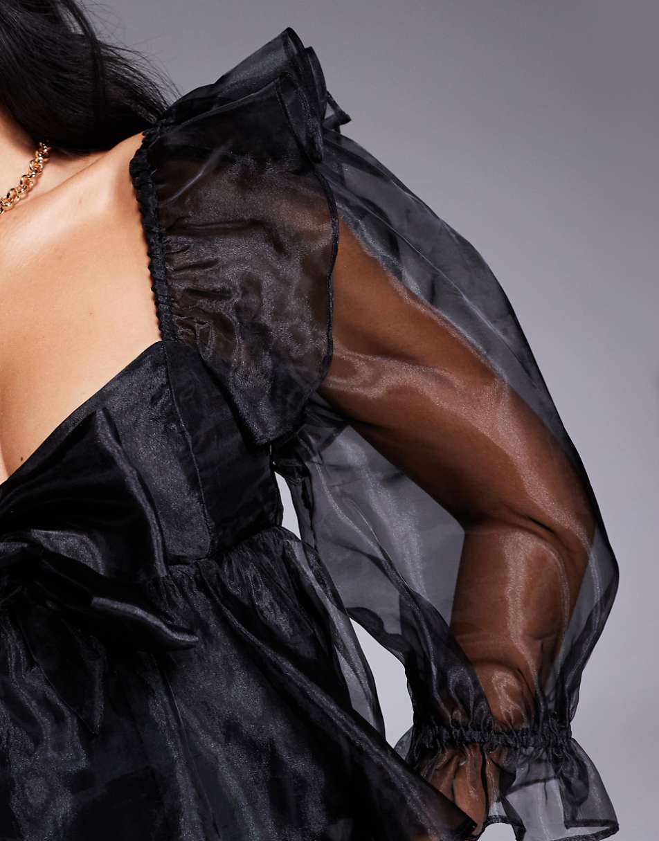 ASOS LUXE organza baby doll top with bow details in black