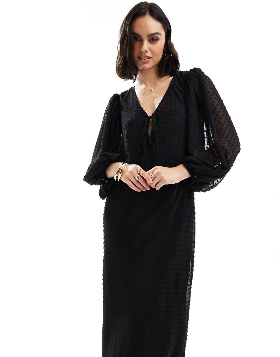 ASOS DESIGN textured balloon sleeve midi dress in black