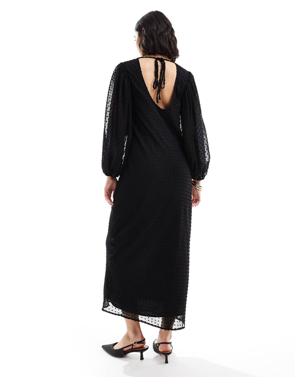 ASOS DESIGN textured balloon sleeve midi dress in black