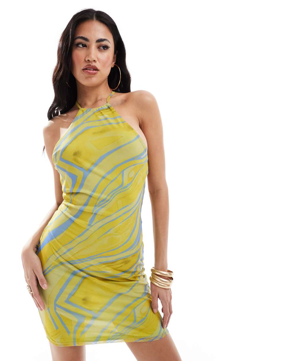 ASOS DESIGN mesh halter mini dress in yellow & blue animal print