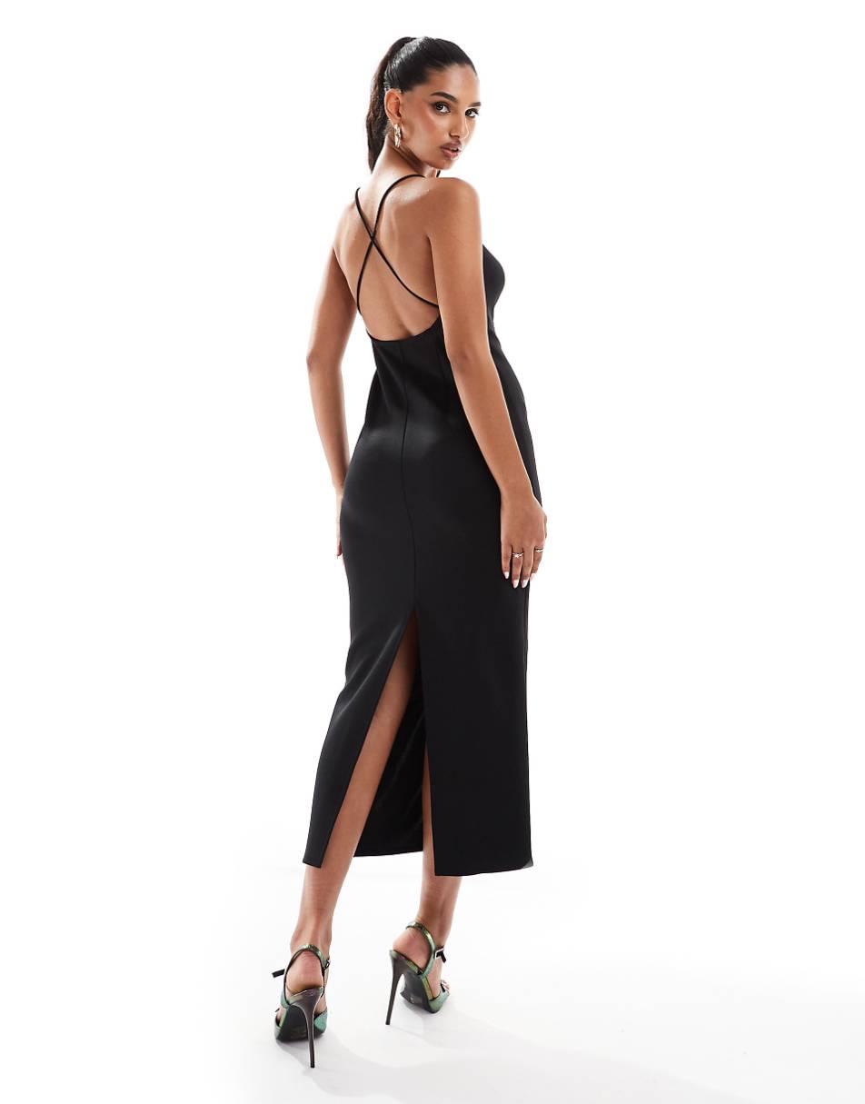 ASOS DESIGN skinny tie detail bardot midi dress with cross back in black