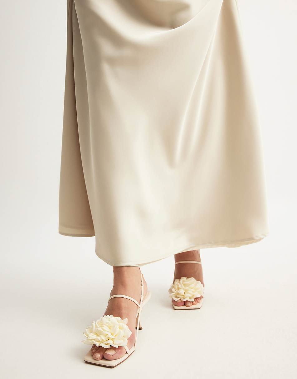 NA-KD square toe heeled sandals with corsage detail in off-white