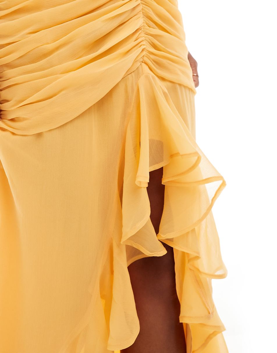 ASOS DESIGN Petite ruched front high low frill maxi dress in yellow