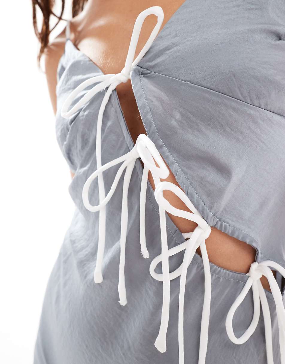 ASOS DESIGN tie up cut out strappy satin midi dress in gray