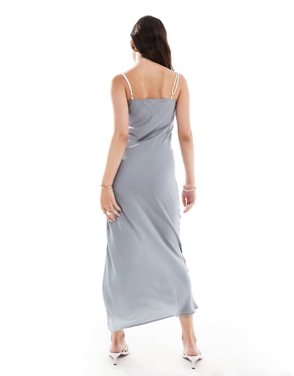 ASOS DESIGN tie up cut out strappy satin midi dress in gray