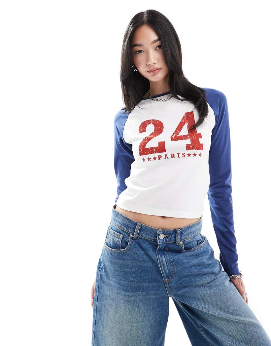 Daisy Street Paris 2024 Olympics long sleeve raglan tee in white and blue