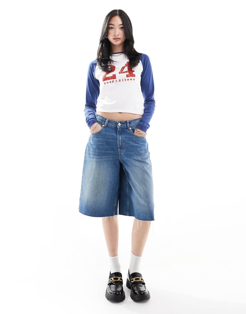 Daisy Street Paris 2024 Olympics long sleeve raglan tee in white and blue