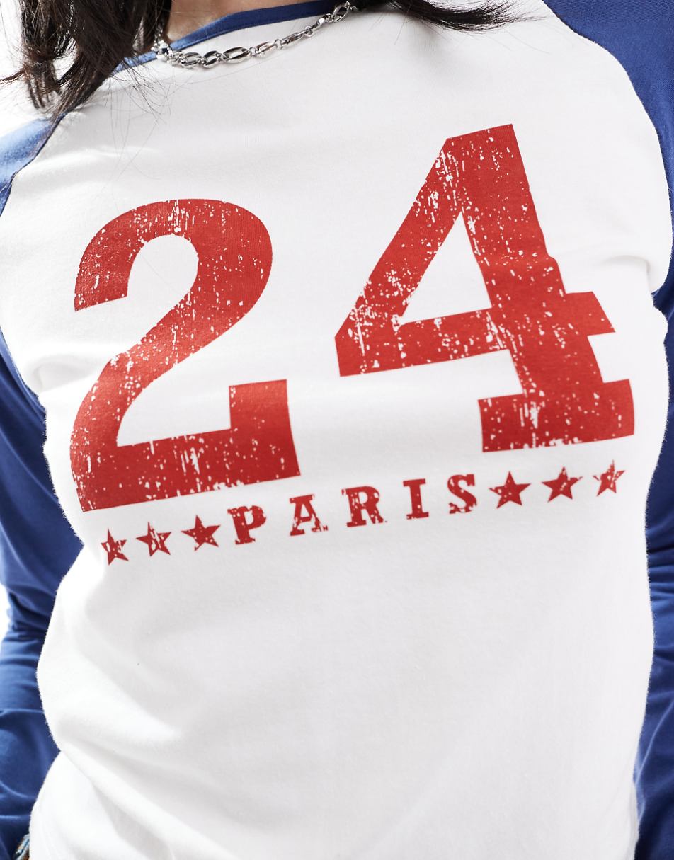 Daisy Street Paris 2024 Olympics long sleeve raglan tee in white and blue