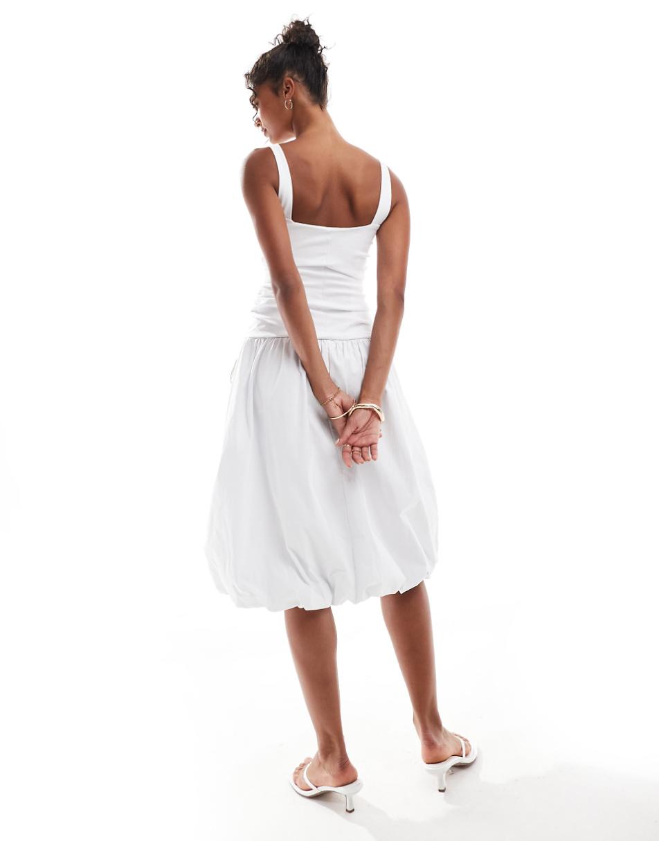 ASOS DESIGN ruched puff hem midi dress with green satin bow details in white