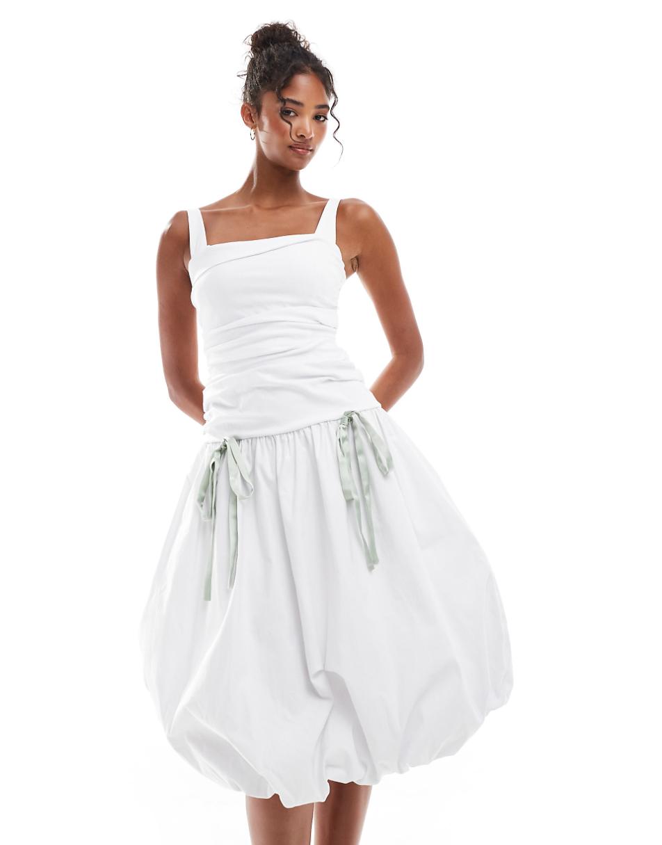 ASOS DESIGN ruched puff hem midi dress with green satin bow details in white
