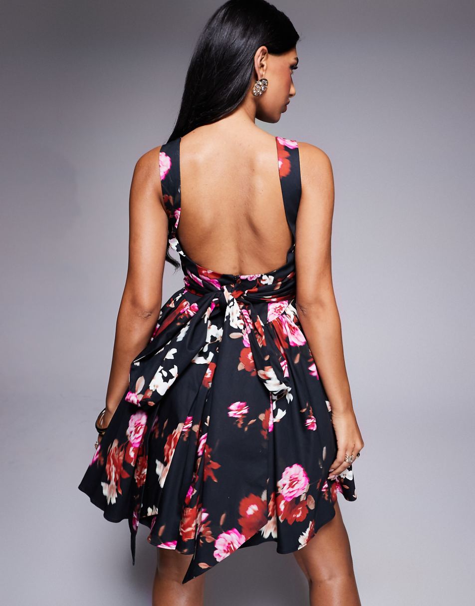 ASOS LUXE cotton sateen skater mini dress with bow back in dark floral print