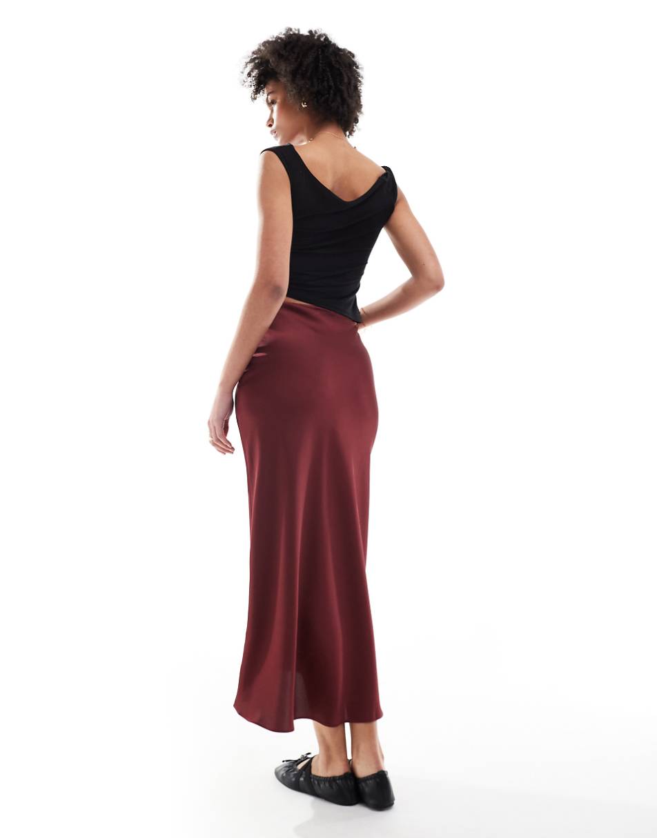 ASOS DESIGN Tall satin bias midi skirt in burgundy