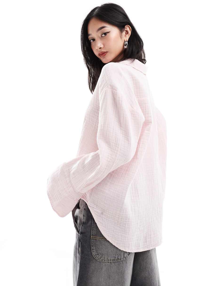 Monki long sleeve crinkle textured shirt in light dusty pink