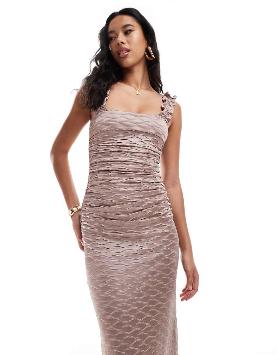 ASOS DESIGN square neck metallic plisse midi dress with ruched straps in blush