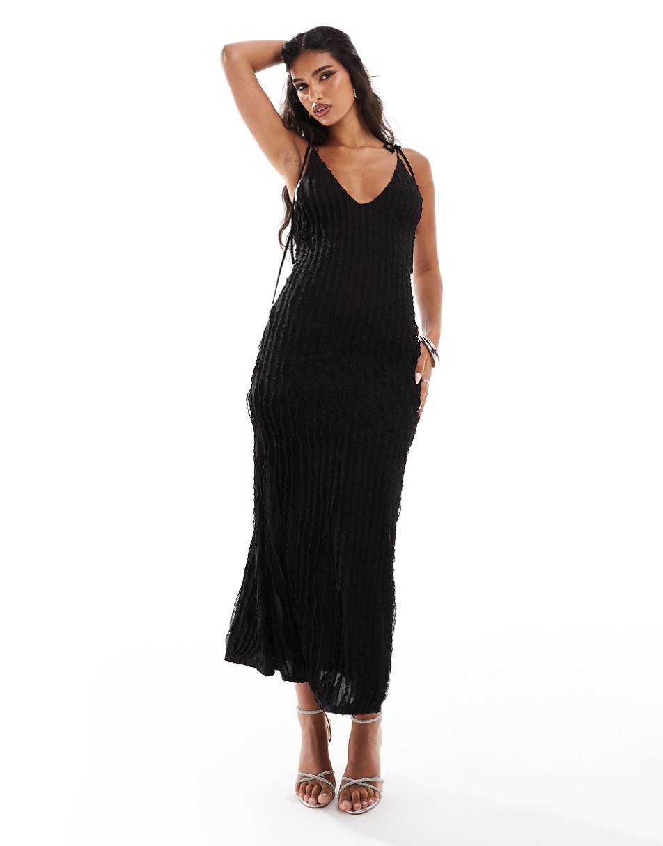 ASOS DESIGN textured ruffle midi dress with tie straps in black