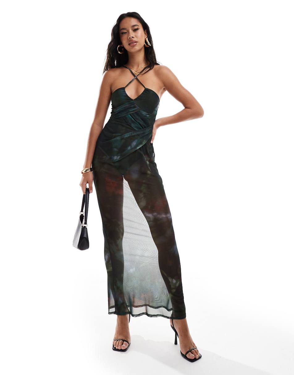 ASOS DESIGN sheer asymmetric strappy neckline layered ruched maxi dress with bodysuit in abstract print