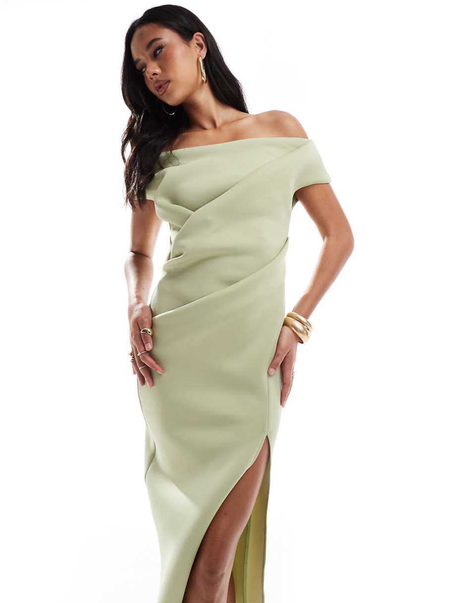 ASOS DESIGN scuba bardot midi dress with soft pleat detailing in pale green