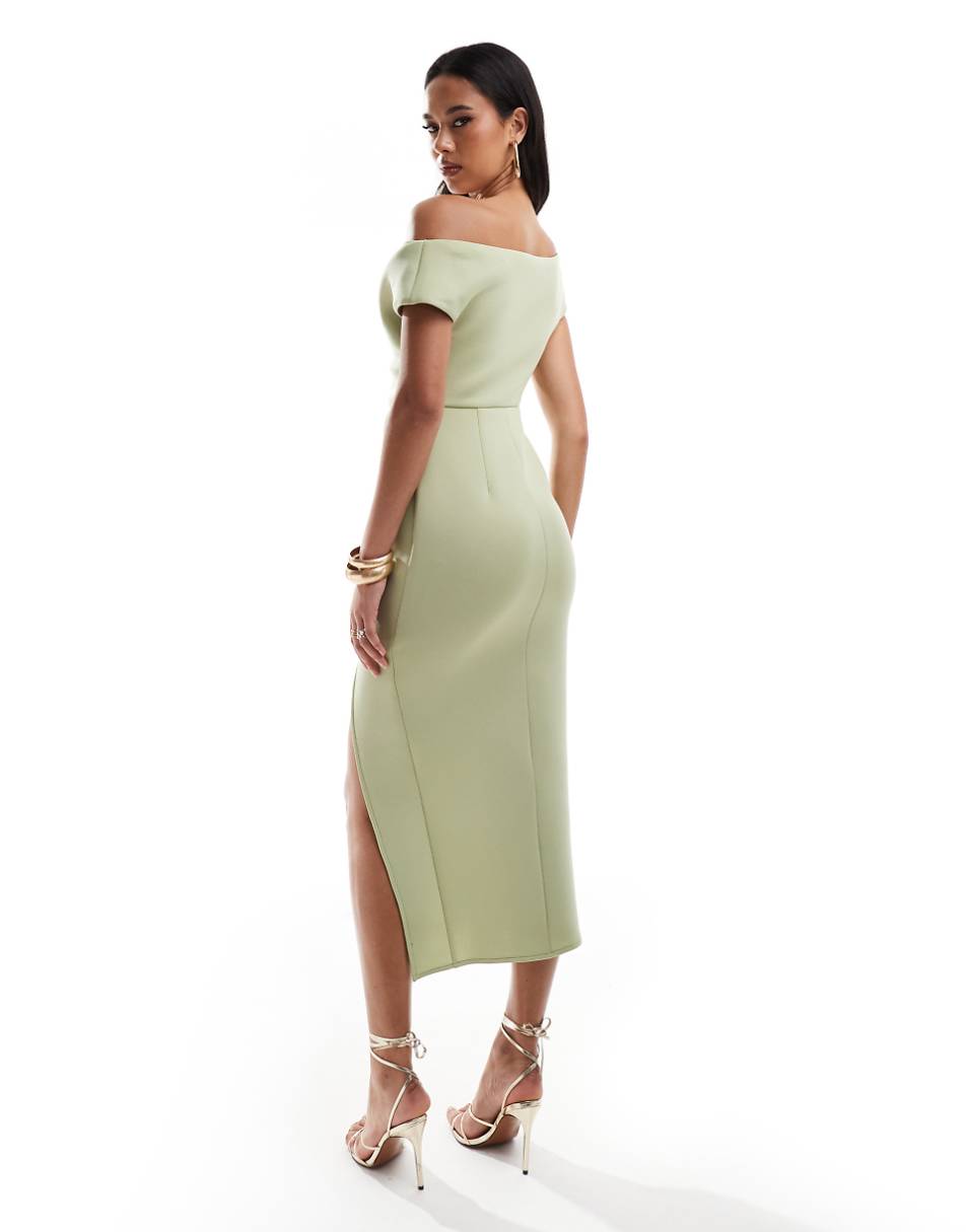 ASOS DESIGN scuba bardot midi dress with soft pleat detailing in pale green