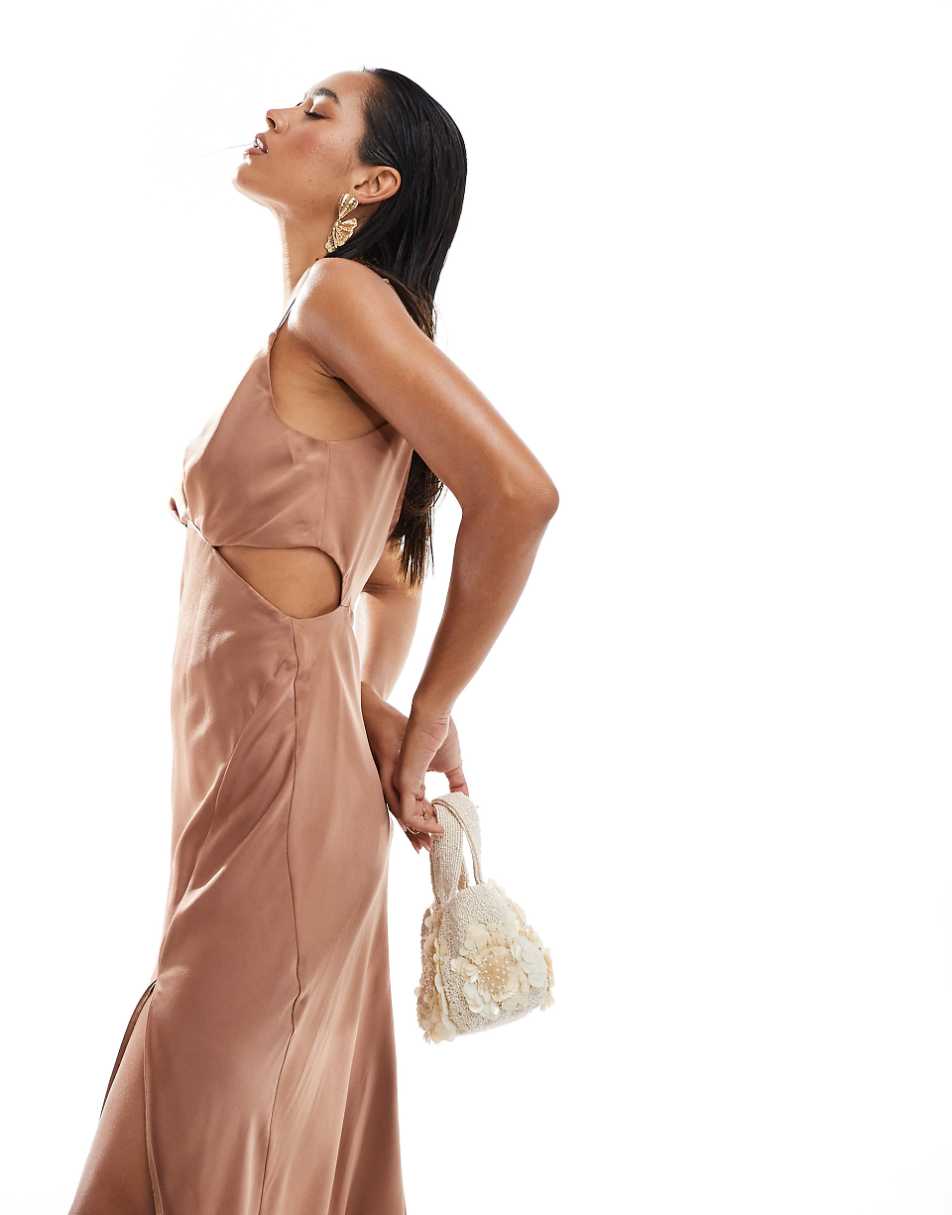 ASOS DESIGN satin cami strap pleated bust midi dress in mocha