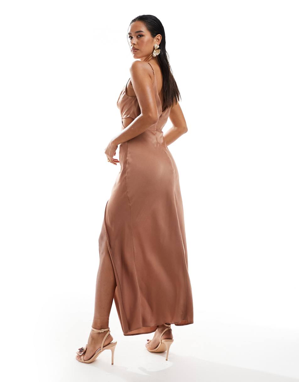 ASOS DESIGN satin cami strap pleated bust midi dress in mocha
