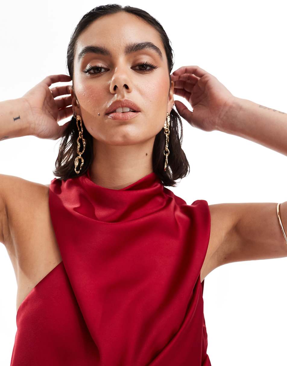 ASOS DESIGN satin asymmetric neck maxi dress with puddle hem in claret red