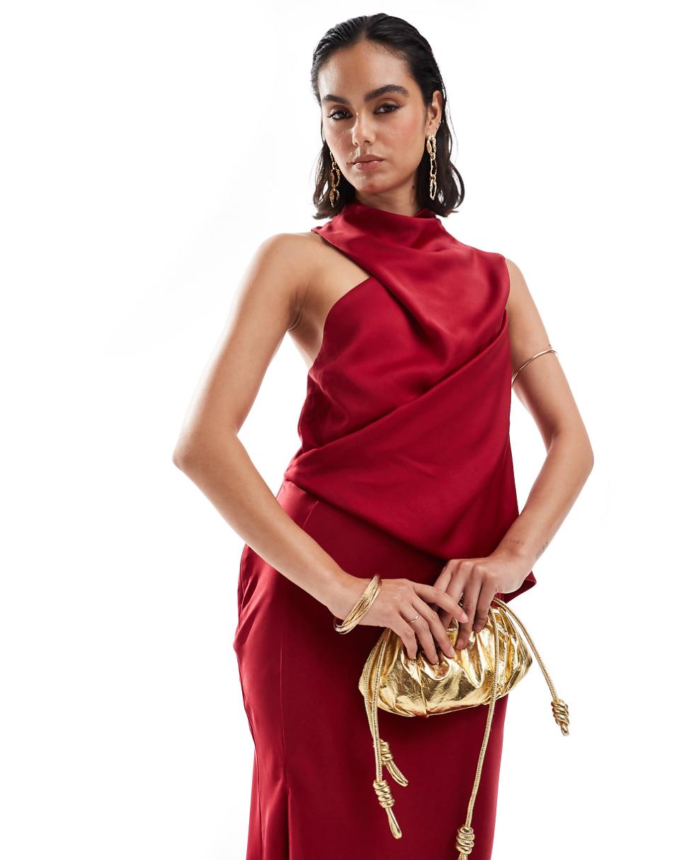 ASOS DESIGN satin asymmetric neck maxi dress with puddle hem in claret red