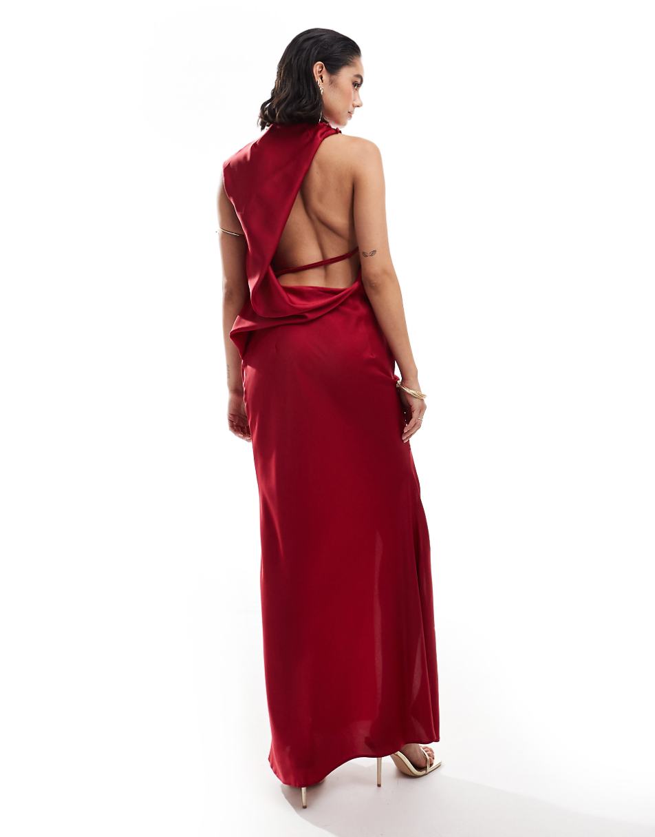 ASOS DESIGN satin asymmetric neck maxi dress with puddle hem in claret red
