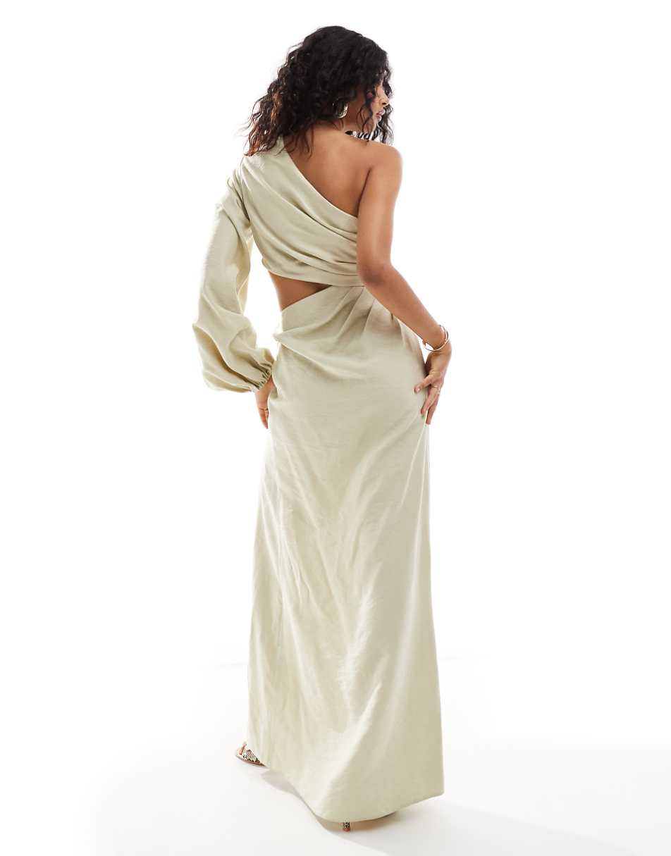 ASOS DESIGN one shoulder maxi dress with blouson sleeve and waist cut out in cream