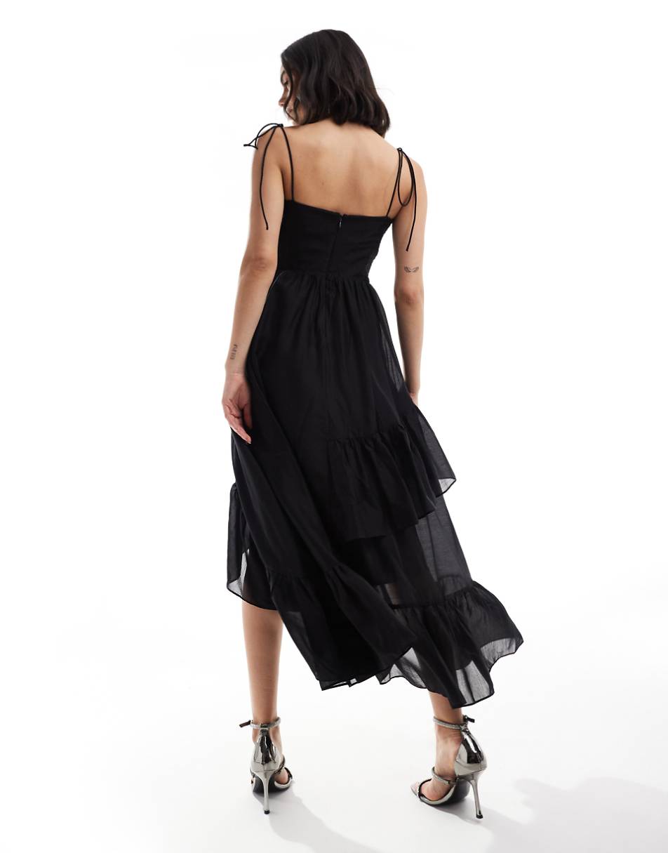 & Other Stories midaxi dress with spaghetti straps and asymmetric ruffle hem in black