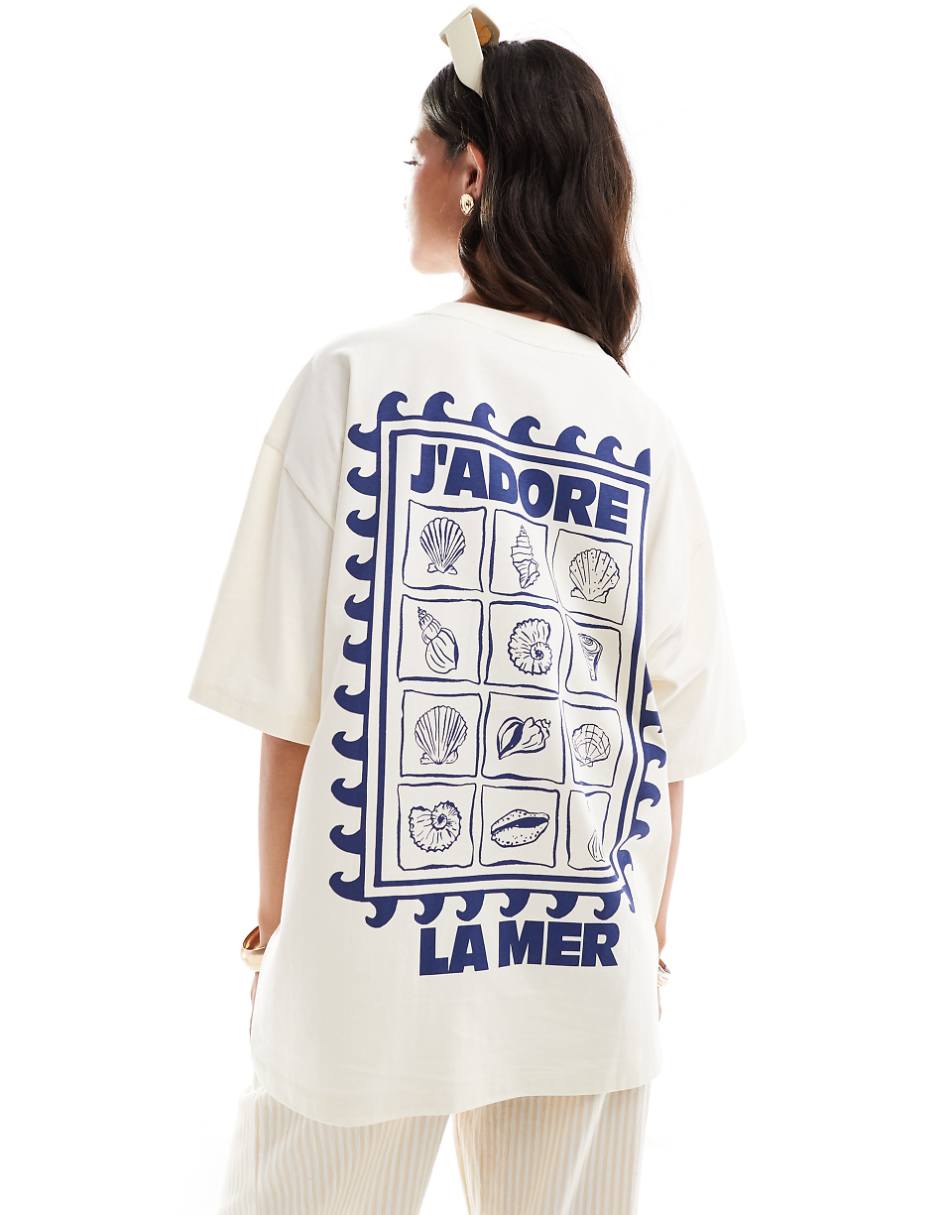 ASOS DESIGN oversized T-shirt with la mer shell graphic in cream