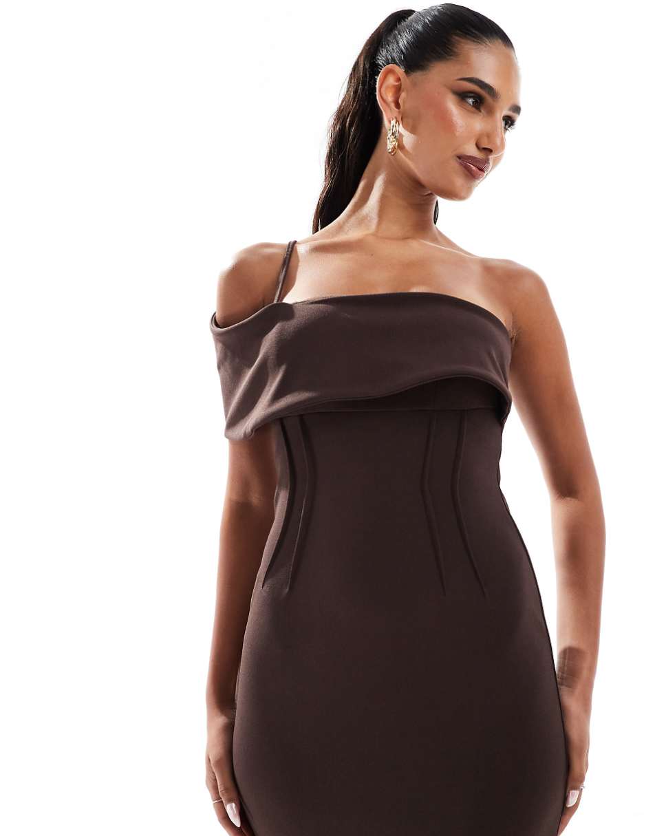 ASOS DESIGN structured bardot midi dress with dart detailing in chocolate