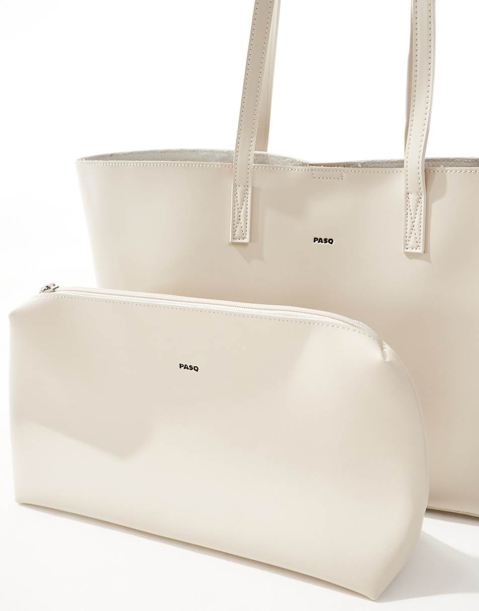 PASQ large tote bag with inside pouch in bone gray