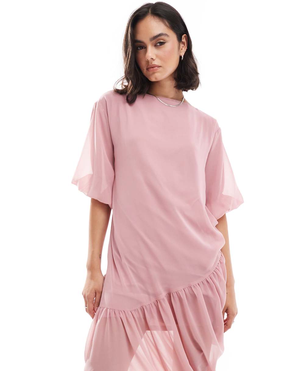 ASOS DESIGN slash neck gathered asymmetric midi dress in rose pink