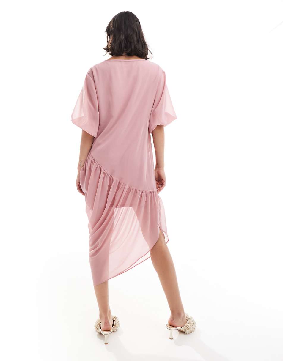 ASOS DESIGN slash neck gathered asymmetric midi dress in rose pink