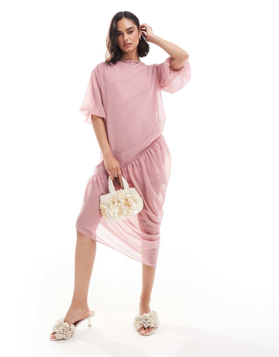 ASOS DESIGN slash neck gathered asymmetric midi dress in rose pink
