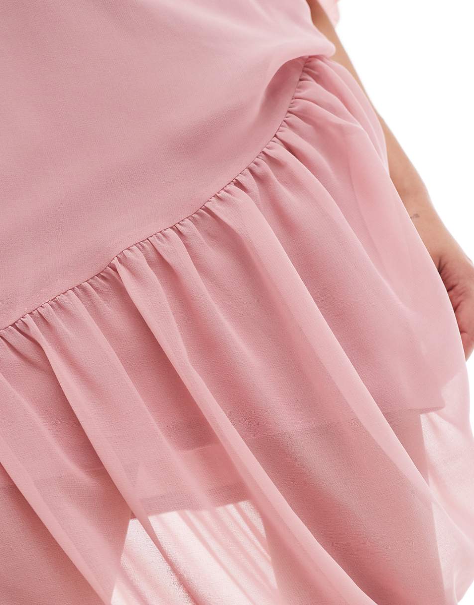 ASOS DESIGN slash neck gathered asymmetric midi dress in rose pink