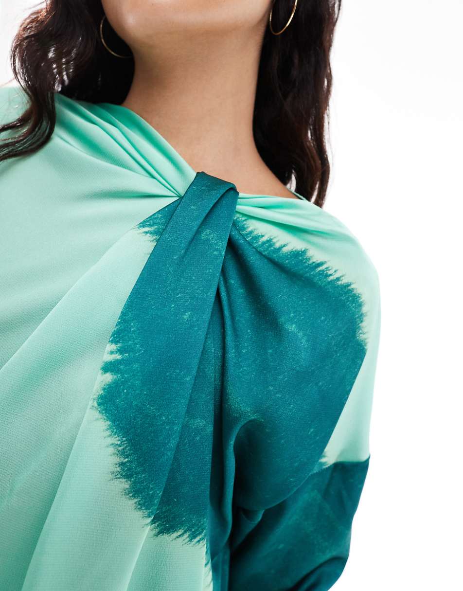 ASOS DESIGN twist neck fallen sleeve satin maxi dress in blurred green stripe