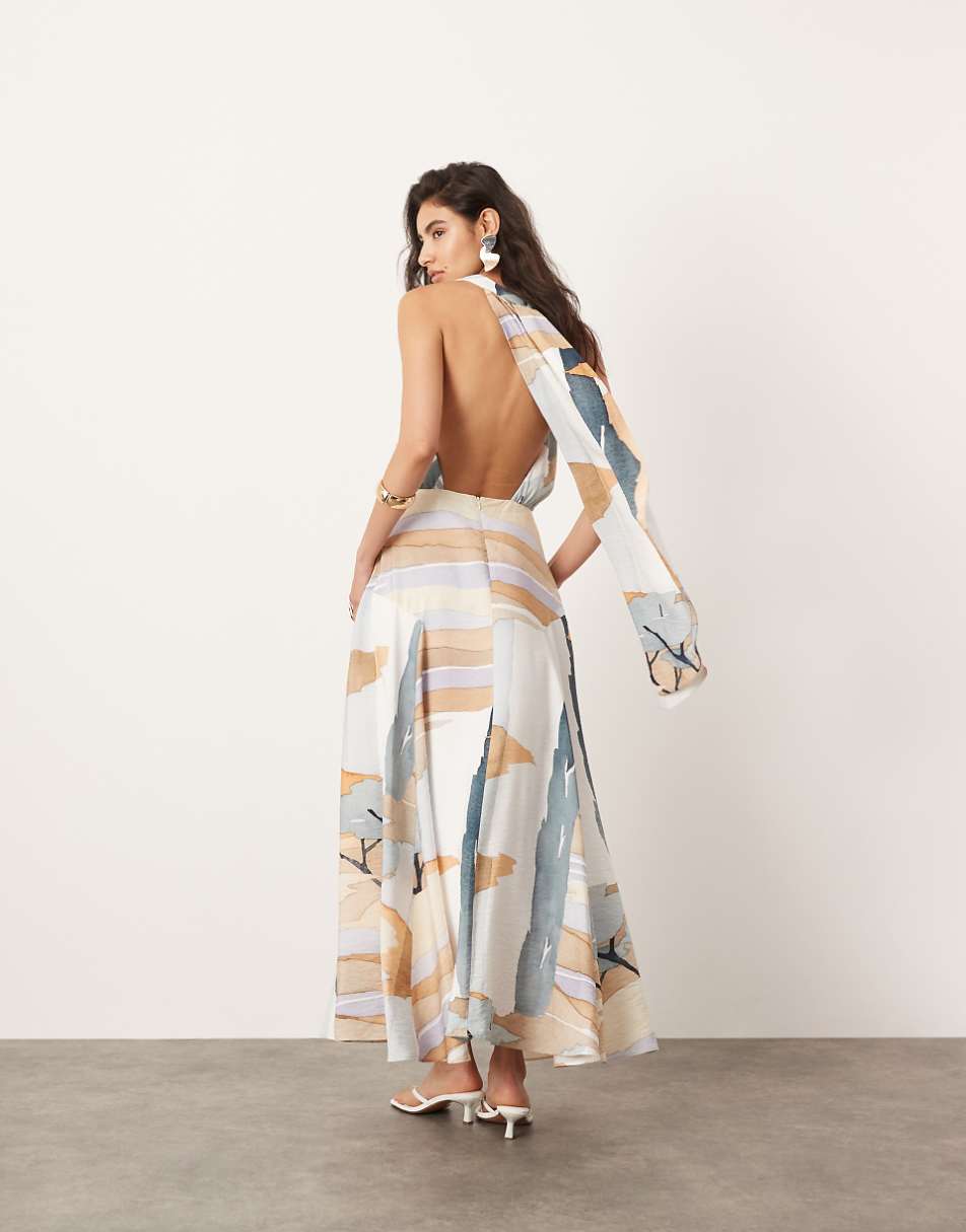 ASOS EDITION halterneck back detail maxi dress with full skirt in abstract print