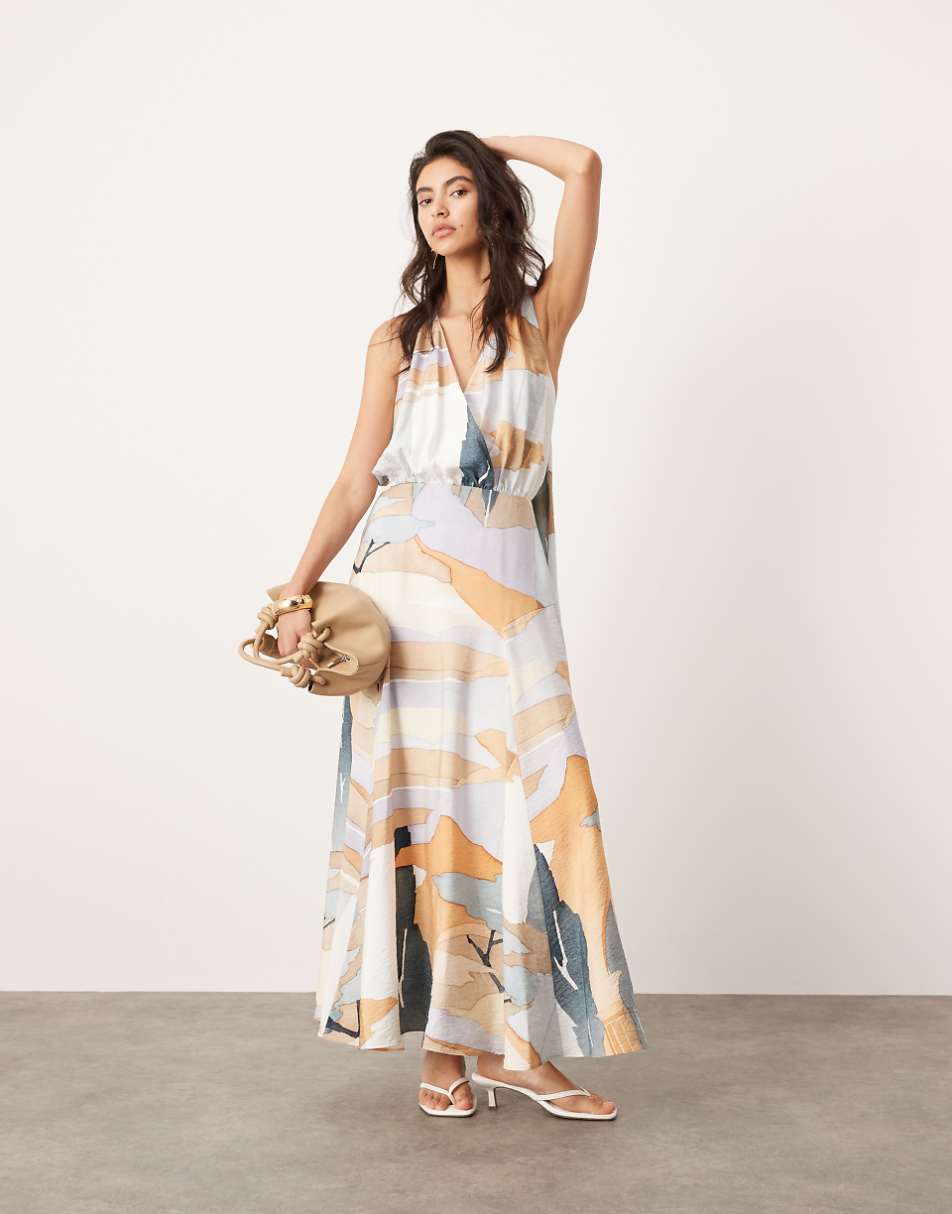 ASOS EDITION halterneck back detail maxi dress with full skirt in abstract print