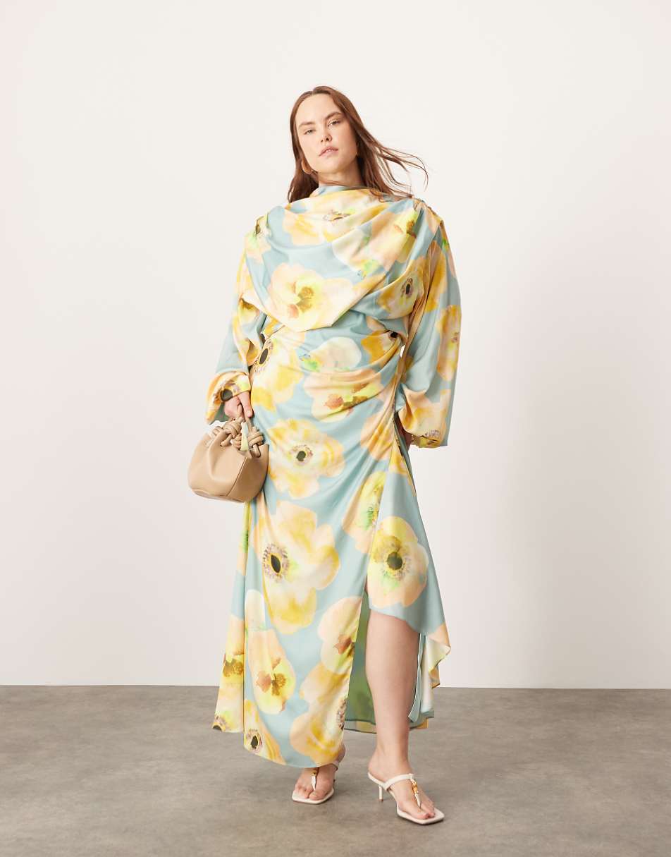 ASOS EDITION Curve satin volume blouson sleeve satin midi dress in large floral print