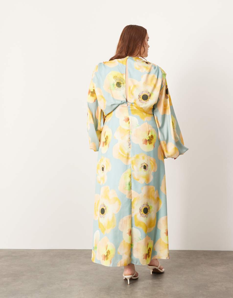 ASOS EDITION Curve satin volume blouson sleeve satin midi dress in large floral print